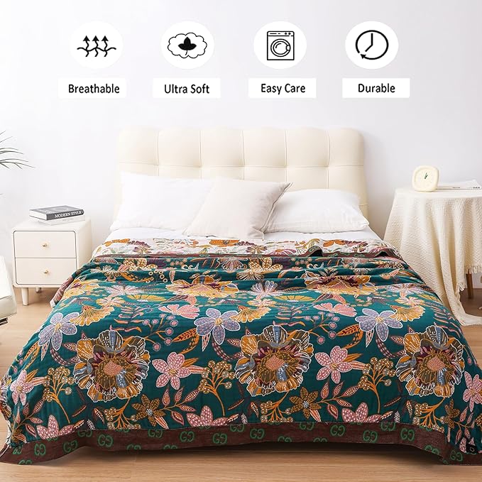 King Boho Throw Blanket for Bed, 100% Cotton Muslin Soft Throw-Floral Farmhouse Rustic Decor Blanket for Couch Sofa Quilt and Gift, 91" x 98"-BeigeWhite