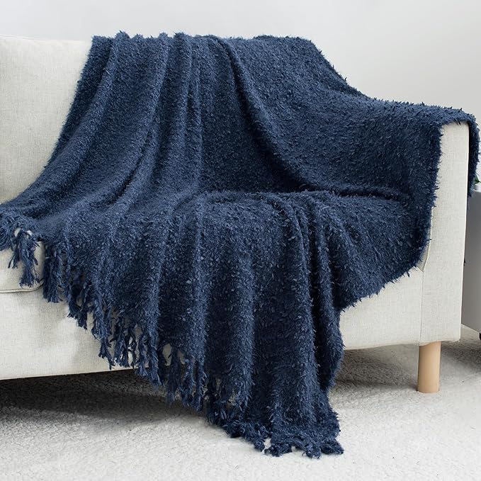 Winter Knit Throw Blanket Fluffy Fuzzy Soft Lightweight Cozy Farmhouse Tassels Chunky Knitted Throws for Couch Sofa Bed (Navy Blue, 60"x80")