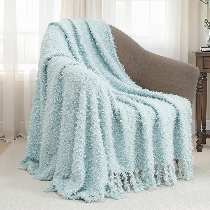 Winter Knit Throw Blanket Fluffy Fuzzy Soft Lightweight Cozy Farmhouse Tassels Chunky Knitted Throws for Couch Sofa Bed (Dream Blue, 50"x60")