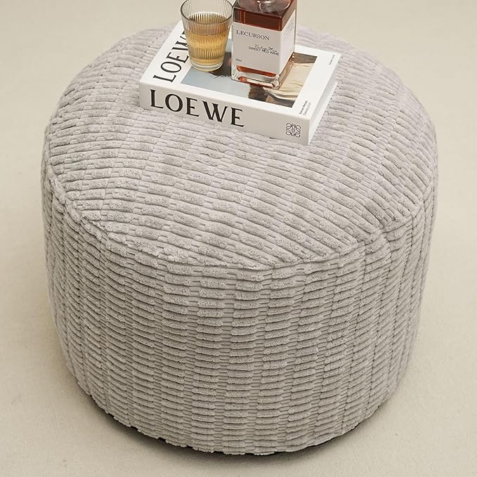 Round Stuffed Pouf Ottoman for Foot Rest, Storage Ottoman Pouf Foot Stool Cushion, Faux Fur Poufs with Foam Chunk Filling, 20 X 15 Inch Floor Chair for Living Room Bedroom Home Decor, Light Gray