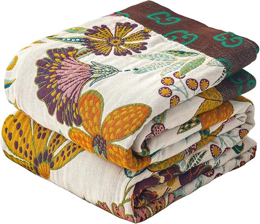 King Boho Throw Blanket for Bed, 100% Cotton Muslin Soft Throw-Floral Farmhouse Rustic Decor Blanket for Couch Sofa Quilt and Gift, 91" x 98"-BeigeWhite