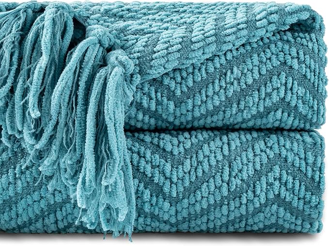 BATTILO HOME Teal Throw Blanket for Couch, Knit Woven Turquoise Blanket Versatile for Chair, Super Soft Warm Decorative Blanket with Tassels for Bed, Sofa and Living Room, 60" x 80"