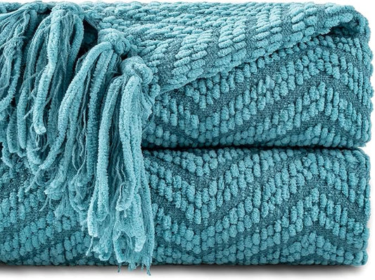 BATTILO HOME Teal Throw Blanket for Couch, Knit Woven Turquoise Blankets Versatile for Chair, Super Soft Warm Decorative Green Blanket with Tassels for Bed Sofa, 50"x60"