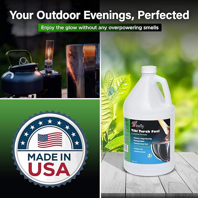 Firefly Tiki Torch Fuel – Clean-Burning Outdoor Lamp Oil for Tiki Torches and Lanterns. Low Smoke, Eucalyptus Formula, Long-Lasting – Outdoor Patio & Garden Use - 1 Gallon