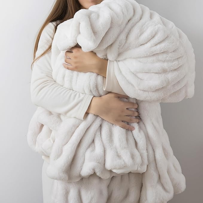 WDCOZY Ruched Faux Fur Throw Blanket Soft Cozy Fluffy Luxurious Blankets Couch Bed Sofa Chair Home Decor Warm Furry Fall Winter Plush Rabbit Fur Bubble Blanket 50" x 60", White