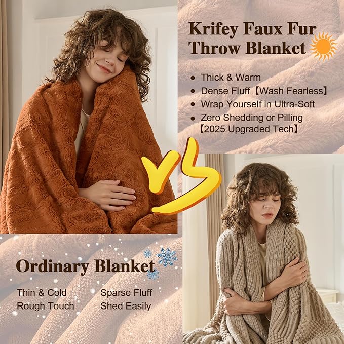 Krifey Burnt Orange Faux Fur Blanket for Queen Size Bed, 3D Marble Texture Soft Cozy Fuzzy Plush Thick Fall Blanket, Birthday for Women Mom Girlfriend, Camel, 90x90in