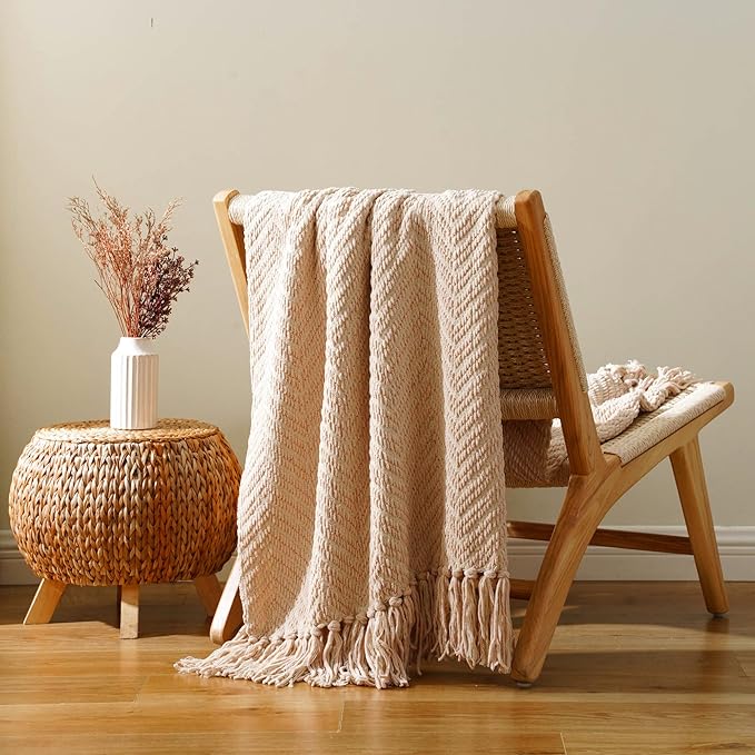BATTILO HOME Beige Throw Blankets for Couch, Knitted Tan Throw Blanket for Twin Bed, Super Soft Warm Large Throws for Home Decor, 60" x 80"