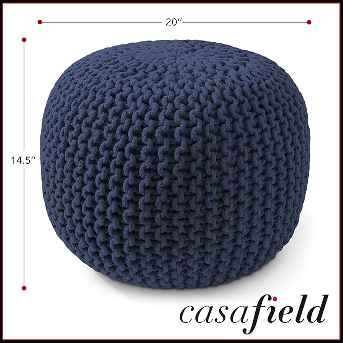 Casafield Round Pouf Ottoman, Navy Blue - 20" Diameter x 14.5" High Cotton Knit Foot Stool - Boho Floor Pouffe for Living Room, Bedroom, Home Office