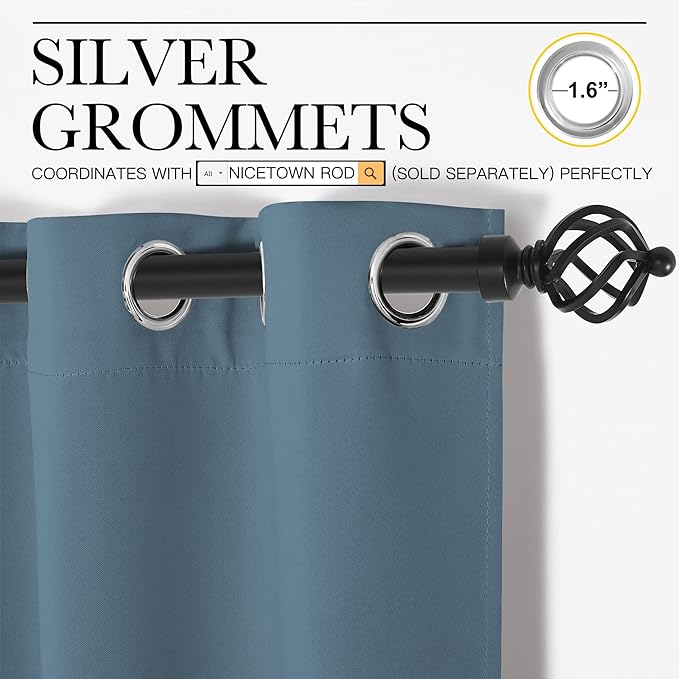 NICETOWN Smoky Blue Blackout Curtains 72 inches Length for Play Room, 2 Panels, 34" Wide, Thermal Insulated Decoration Drapes for Window