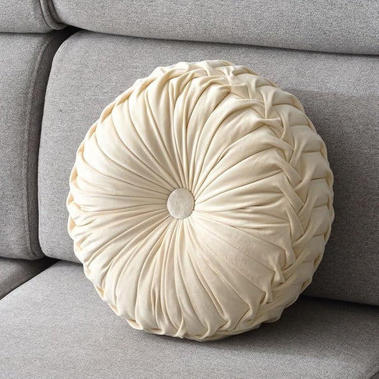1 Pcs Round Throw Pillow Velvet Home Decoration Pleated 3D Pumpkin Pillow Cushion for Couch Chair Bed Car 14.17" (Cream)