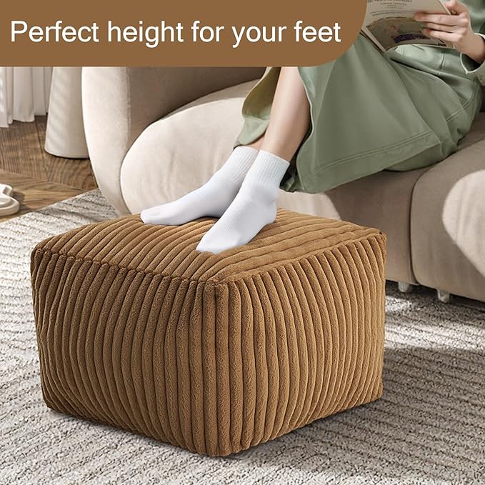 MeMoreCool Square Stuffed Pouf Ottoman Foot Rest, Stripe Furry Floor Pouf Foot Stool with Foam Chunk Filling, Soft Fluffy Stuffed Ottoman Footrest for Living Room, Faux Fur Coffee