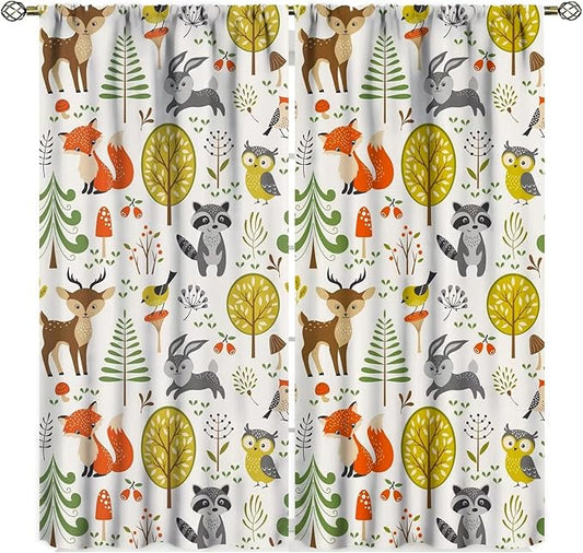 Kids Forest Animals Curtains Woodland Children's Cute Funny Nursery Jungle Safari Leaves Nature 2 Panels Window Treatment Set for Living Room Decor 52W x 84L Inch