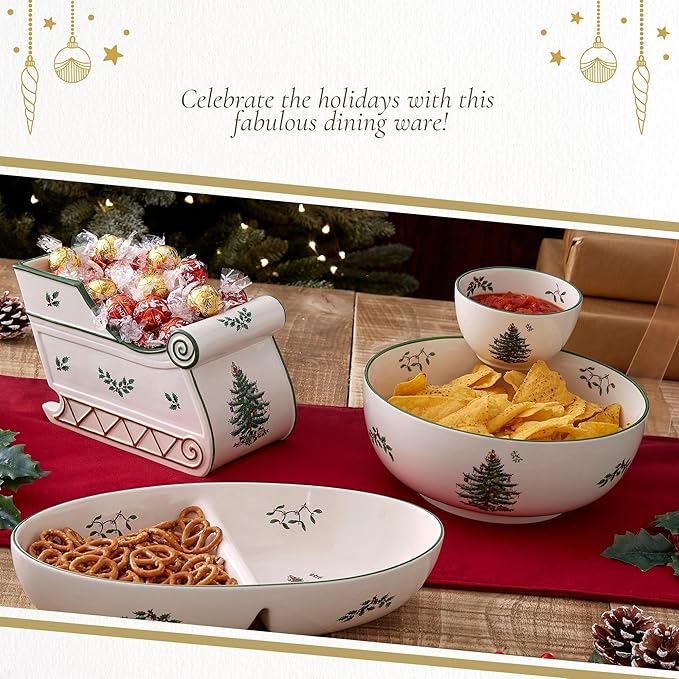 Spode Christmas Tree Figural Sleigh, 7.5" Dolomite Decorative Holiday Sleigh for Christmas Table Decor, Candy Holder, Snack Dish - Holiday Serveware & Festive Decorations
