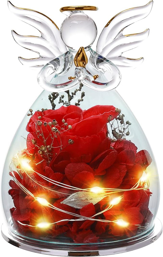 ANLUNOB Preserved Flowers Rose Birthday Gifts for Women, Angels with Led Pretty red Roses for Wedding