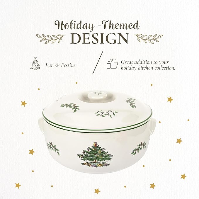Spode Christmas Tree Round Covered Deep Casserole Dish (8.75" x 5") - Festive Holiday Serveware & Vintage Christmas Table Centerpiece - Fine Earthenware Classic Holiday Bakeware