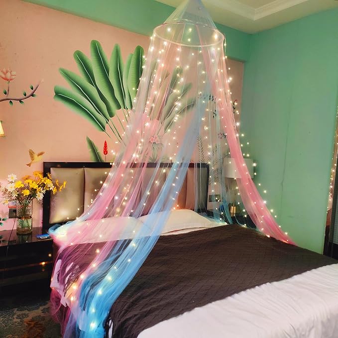 Eimilaly Two-Tone Bed Canopy Mosquito Net Pink Blue with 250pcs Warm White Lights, Bed Canopy for Girls Room Decor, Single Door