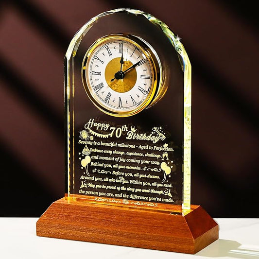 Happy 70th Birthday Glass Clock Gifts for Women, Men - 70 Year Old Birthday Gift with Wooden Light Base for Her Him, Turning 70 Quartz Clock Gift Idea for Mom Dad Unique Decoration