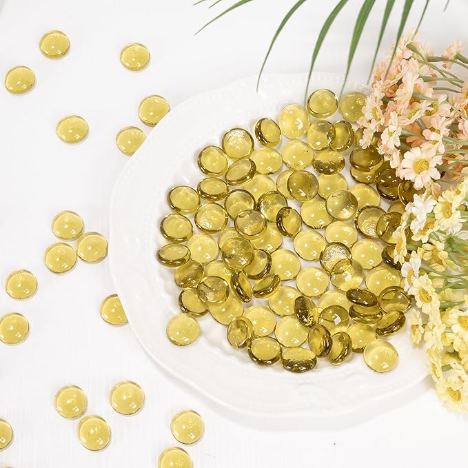 Glass Marbles, 0.97 LB Transparent and Smooth Flat Glass Beads for Vases, Mosaic Gem Pebbles for Aquarium Decor, Floral Arrangements, Mancala Stones, Vase Filler and Crafts, Yellow