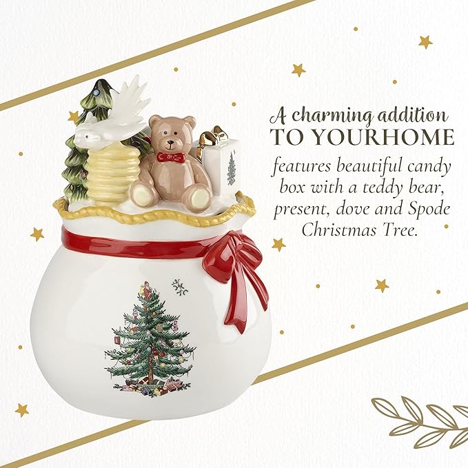 Spode Christmas Tree Candy Bowl with Lid, 8" Fine Earthenware Holiday Treat Storage Jar, Covered Box with Teddy Bear & Tree Motif, Holiday Serveware - Great for Festive Decor & Gifting