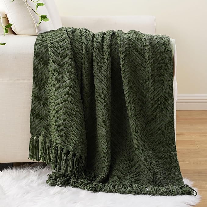 BATTILO HOME Olive Green Throw Blankets for Couch, Knitted Green Throw Blanket for Bed, Super Soft Warm Large Throws for Home Decor, 60" x 80"
