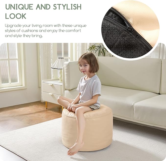 HIGOGOGO Round Stuffed Pouf Ottoman, Pu Leather Poufs with Foam Chunk Filling, Furry and Fluffy Pouf Foot Stool Storage Ottoman, 26 X 18 Floor Poufs Foot Rest for Living Room, Beige