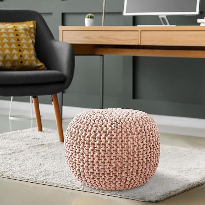 Casafield Round Pouf Ottoman, Light Pink - 20" Diameter x 14.5" High Cotton Knit Foot Stool - Boho Floor Pouffe for Living Room, Bedroom, Home Office