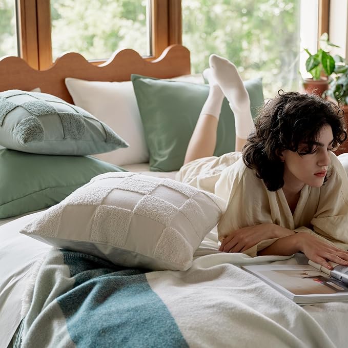 Double Stitch Checkered Throw Pillow Covers - 100% Cotton Set of 2 Tufted Boho Decorative Pillow Covers 18x18, Made in India, Square Cushion Case, Modern Home Decor for Couch, Sofa, Living Room, Cream