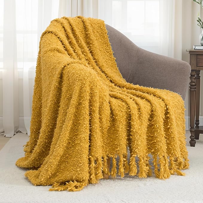 Winter Knit Throw Blanket Fluffy Fuzzy Soft Lightweight Cozy Farmhouse Tassels Chunky Knitted Throws for Couch Sofa Bed (Mustard Yellow, 60"x80")
