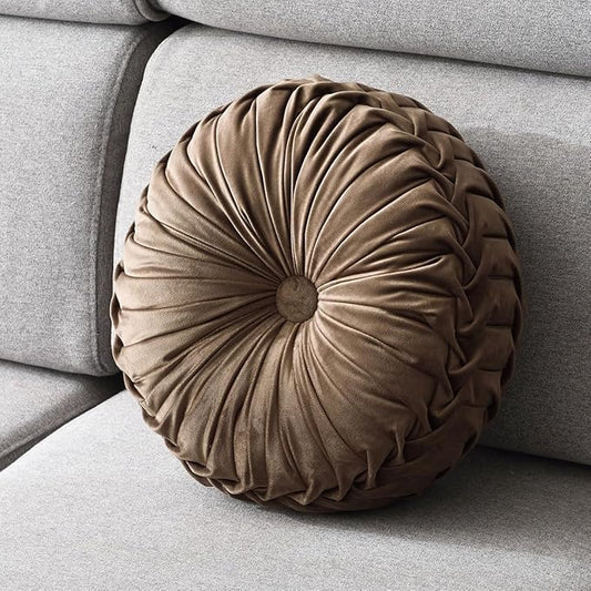 1 Pcs Round Throw Pillow Velvet Home Decoration Pleated 3D Pumpkin Pillow Cushion for Couch Chair Bed Car 14.17" (Caramel Color)