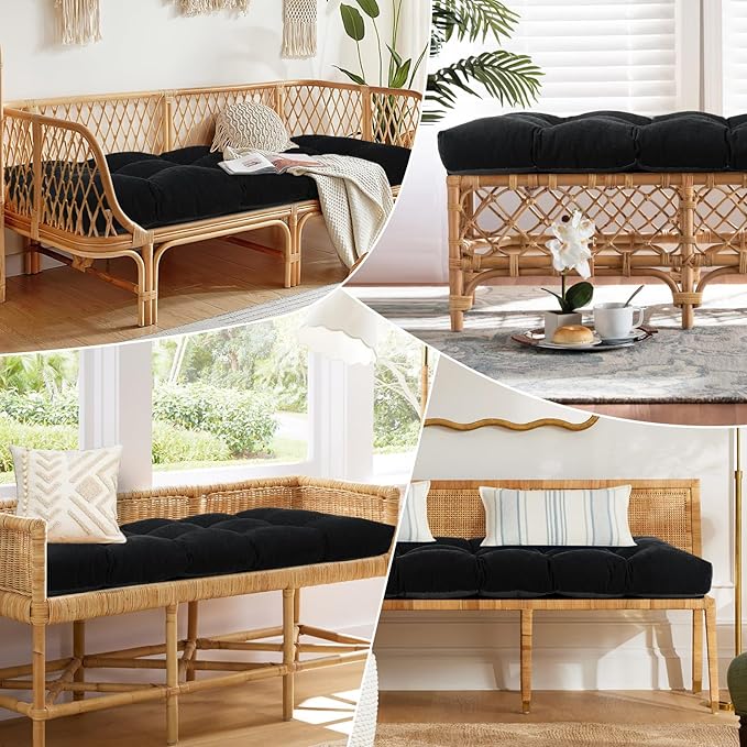 Bench Cushion 45 Inch - Chenille, High-Density Memory Foam, Non-Slip Bottom, Soft Durable Indoor Tufted Long Seat Cushion for Window Garden Furniture (Black, 45x18x4 Inch)