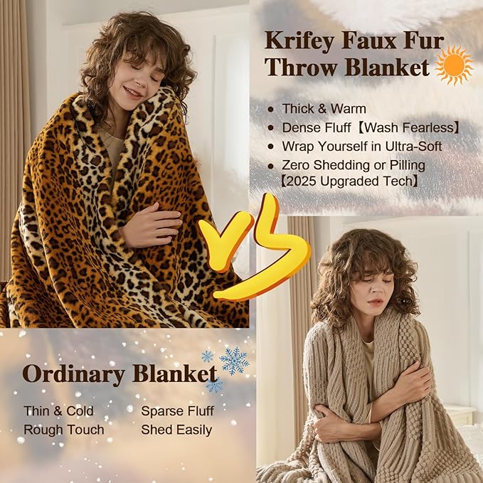 Krifey Leopard Print Blanket, Faux Fur Throws for Bed, Soft Cozy Fuzzy Fluffy Thick Warm Plush Cheetah Print Blanket, Christmas Birthday Gifts for Mom Dad Women Men, Room Decor, 60x80in