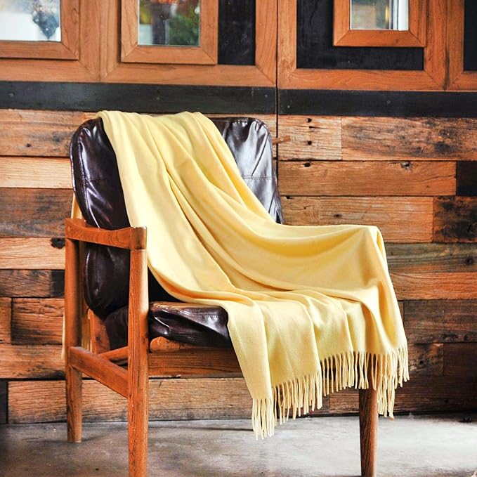 CUDDLE DREAMS Premium Cashmere Throw Blanket with Fringe, Luxuriously Soft (Yellow)