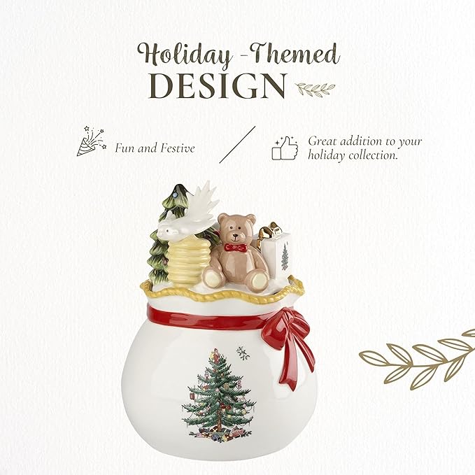 Spode Christmas Tree Candy Bowl with Lid, 8" Fine Earthenware Holiday Treat Storage Jar, Covered Box with Teddy Bear & Tree Motif, Holiday Serveware - Great for Festive Decor & Gifting
