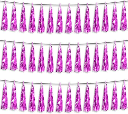 3P Fuchsia Foil Fringe Metallic Tassel Streamers Banner Tassel Garland for Parade Floats, Bachelorette, Wedding, Birthday, Halloween, Christmas, Bridal/Baby Shower Party Decorations