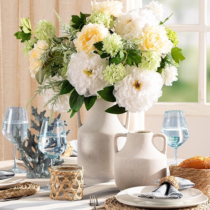 Mitt&Ditt Ceramic Flower Vase with Handles, 8 inch Tall Off-White Vase, Decorative Terracotta Vases, Farmhouse Rustic Pottery Vases for Home Decor, Living Room, Table