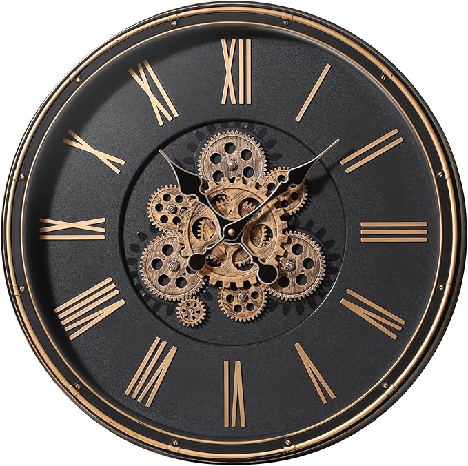 Maxstar Large Moving Gear Wall Clock,20" Vintage Mechanical Battery Operated Industrial Wall Clocks for Farmhouse Living Room,Home Office, Dinning Room, Kitchen, Steampunk Decor-Gold,Roman Numeral