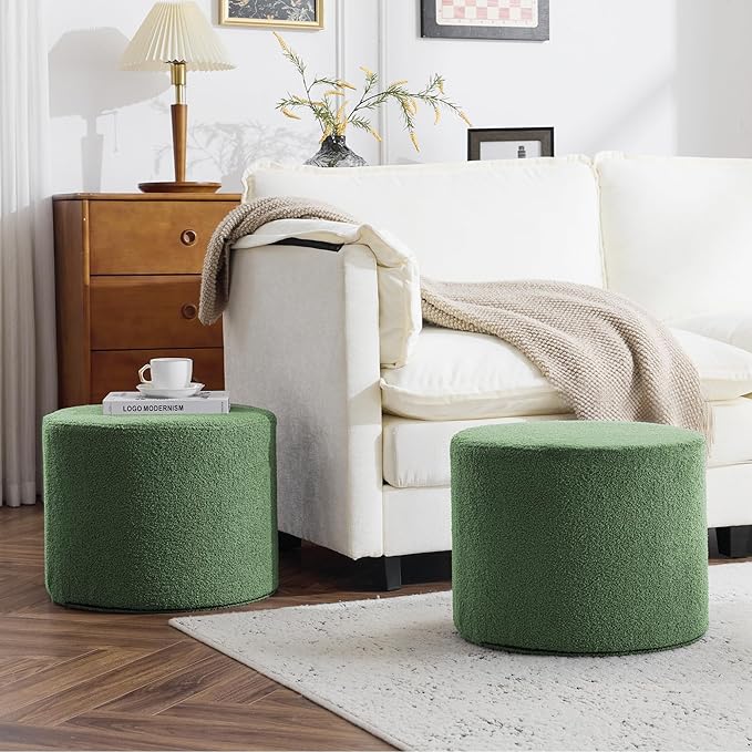 Bezseller Soft Boucle Pouf Ottoman, Comfortable Foot Rest, Full Foam Filling Footstool for Living Room, Bedroom, Lightweight Comfort and Charm Floor Poof Seating Perfect to Rest Your Feet, Green