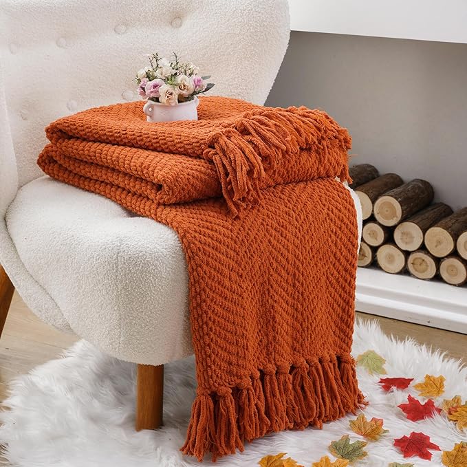 BATTILO HOME Burnt Orange Throw Blanket for Couch, Knit Fall Decor Blanket Versatile for Chair, Decorative Halloween Blanket with Tassels for Bed, 60" x 80"