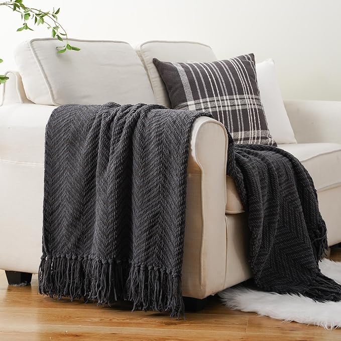 BATTILO HOME Dark Grey Throw Blanket for Couch, Knit Charcoal Throw Blanket Versatile for Chair, 50 x 60 Inch - Super Soft Warm Grey Blanket with Tassels for Bed, Sofa and Living Room