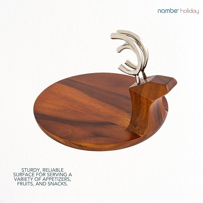 Nambé Holiday Reindeer Platter – Designer Acacia Wood Tray with Sculptural Silver Alloy Antler Spreaders, Elegant Christmas Serveware for Appetizers, Snacks, and Festive Charcuterie Displays