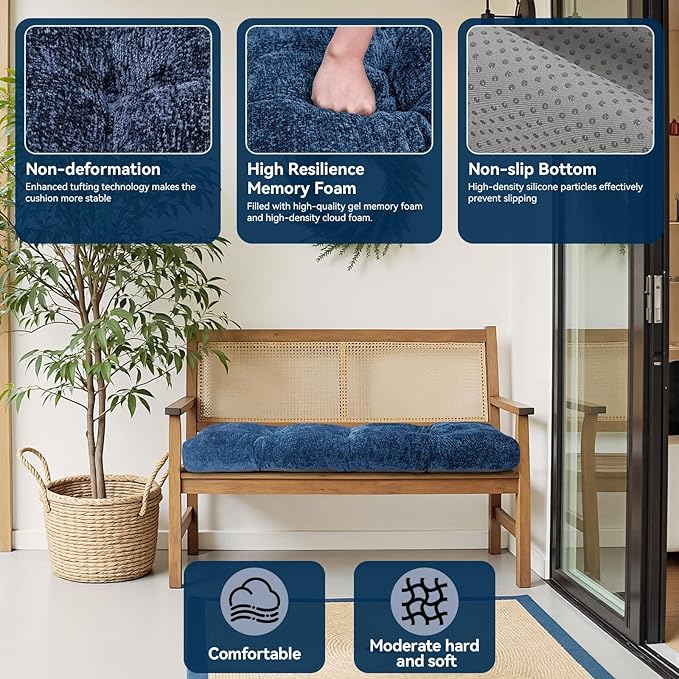 Bench Cushion 45 Inch - Luxury Chenille, High-Density Memory Foam, Non-Slip Bottom, Soft Durable Indoor Tufted Long Seat Cushion for Window Garden Furniture (Blue, 45x18x4 Inch)