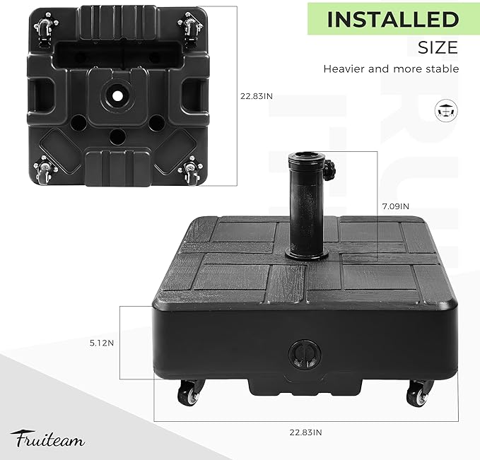 FRUITEAM 155lb Capacity Fillable Portable Umbrella Base with Wheels,Patio Umbrella Base Heavy Duty, Square Market Stand for Patio,Outdoor,Deck w/ 4 Wheels, 2 Locks, 1 Knobs, Wind-Resistant Design