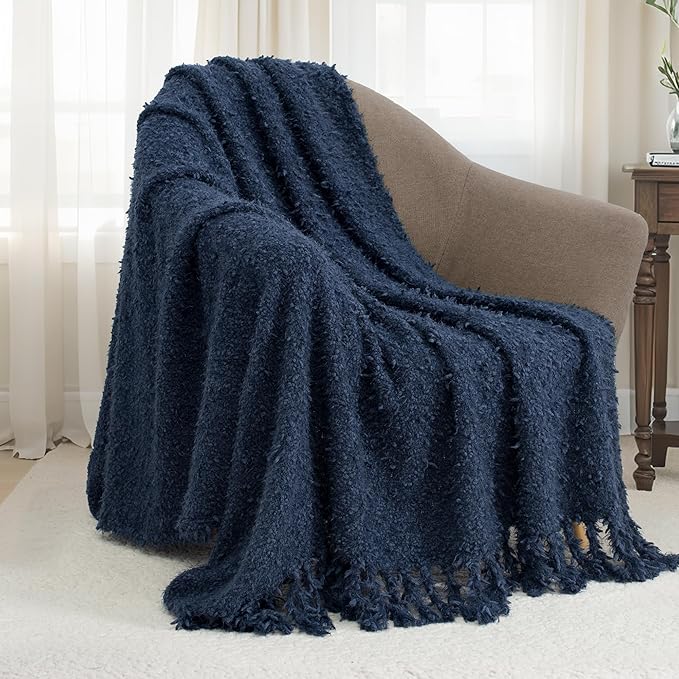 Winter Knit Throw Blanket Fluffy Fuzzy Soft Lightweight Cozy Farmhouse Tassels Chunky Knitted Throws for Couch Sofa Bed (Navy Blue, 50"x60")