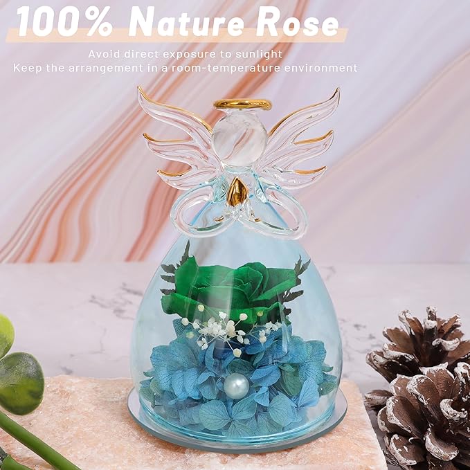 ANLUNOB Preserved Rose Birthday Gifts for Women Mom Grandma Wife, Glass Angel Figurines Gifts with Pretty Green Flowers for Anniversary Wedding