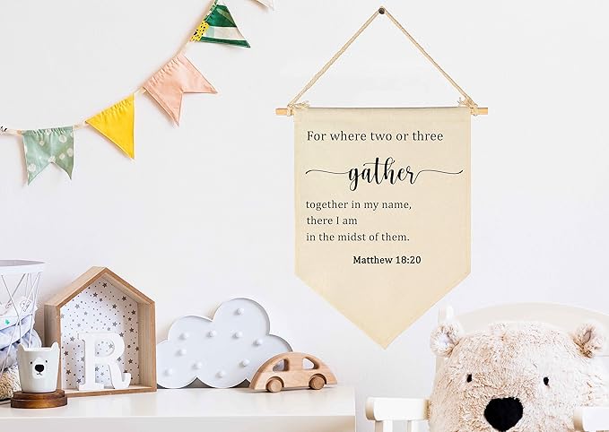 Dining Room Wall Decor-Kitchen Falg Sign-Gather Banner Decor-For Where Two Or Three Gather Together In My Name-Scripture Verse Wall Flag Decor-Home Banner Wall Art