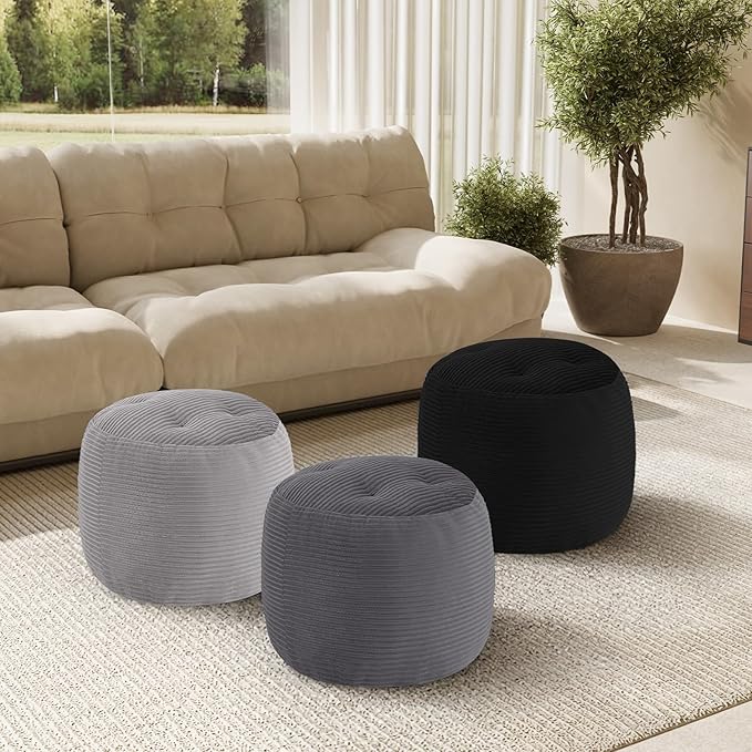 MeMoreCool Stuffed Round Pouf Ottoman Foot Rest, Floor Pouf Foot Stool with Soft Foam Chunk Filling, Round Small Ottoman Footstool Circle Footrest for Couch Living Room, Corduroy Grey