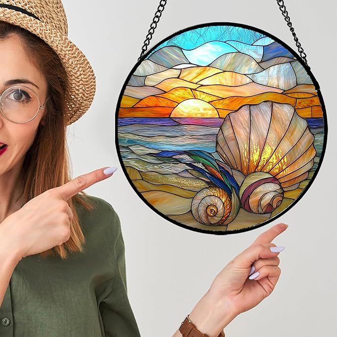 Stained Glass Window Hanging - Colorful Beach Shells Conch Sun Catcher for Door Home Decor Ocean Suncatcher Christmas Mother's Day Birthday Sea Lover Gifts for Women Men Mom Nana 9.8 in
