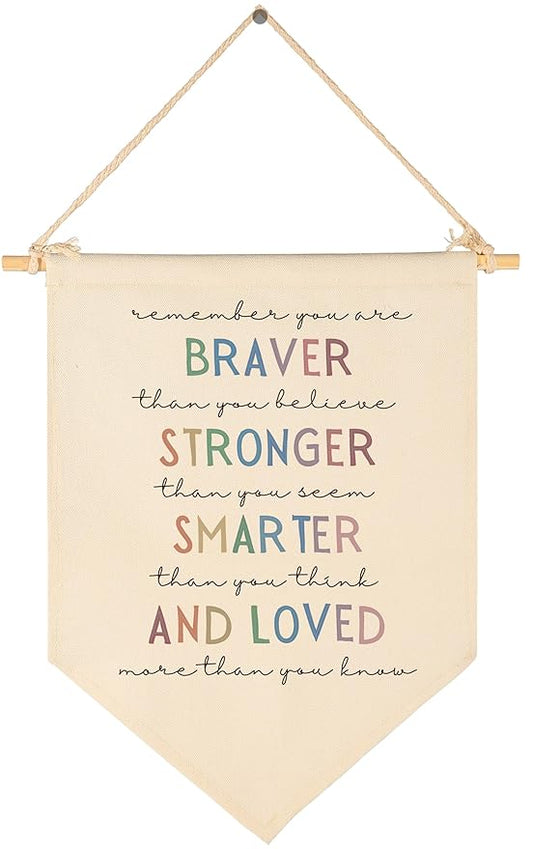 You Are Braver Than You Believe Stronger Than You Seem,Classroom Wall Flag Decor,Playroom Wall Pennant Decor,Winie Quote the Pooh, Nursery Homeschool Canvas Hanging Pennant Banner Wall Decor Gifts
