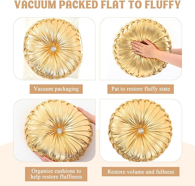 1 Pcs Round Throw Pillows Decorative Polyester Pleated Throw Pillows 15'' Diameter Accent Pumpkin Boho Chair Cushion for Couch Sofa Home Decoration (Gold)