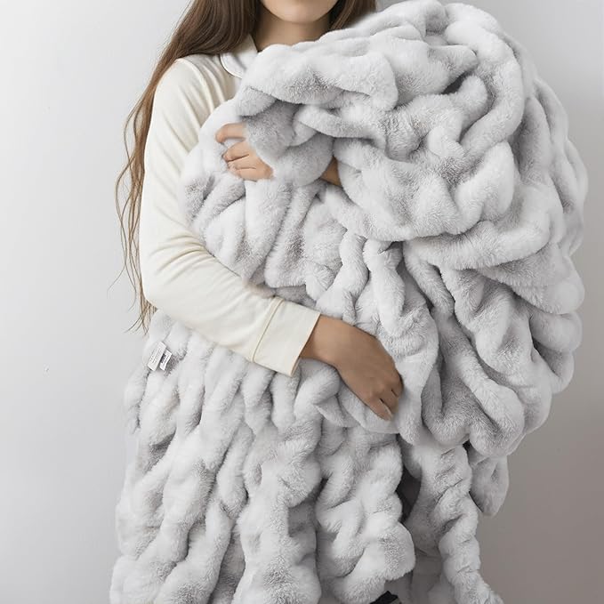 WDCOZY Ruched Faux Fur Throw Blanket Soft Cozy Fluffy Luxurious Blankets Couch Bed Sofa Chair Home Decor Warm Furry Fall Winter Plush Rabbit Fur Bubble Blanket 60" x 80", Grey